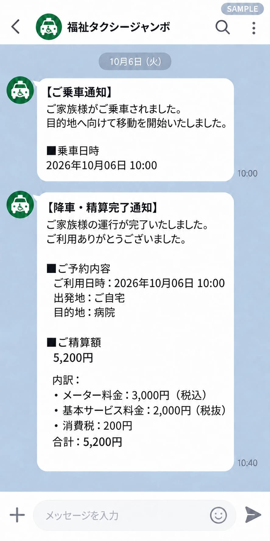 LINEトーク画面風のサンプル。ご乗車通知と、精算額5,200円・料金内訳を含む降車・精算完了通知の例。